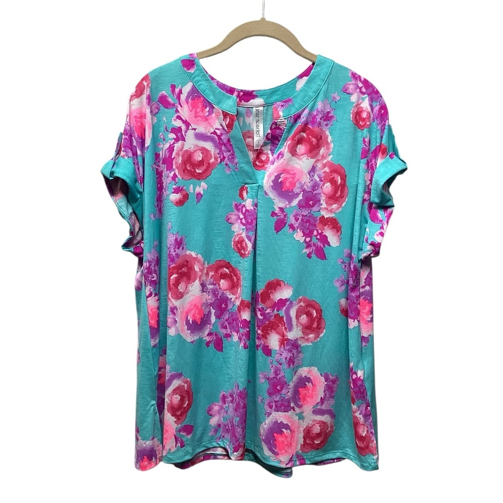 Dear Scarlett short sleeve vneck tunic in vibrant aqua floral pattern Size Large